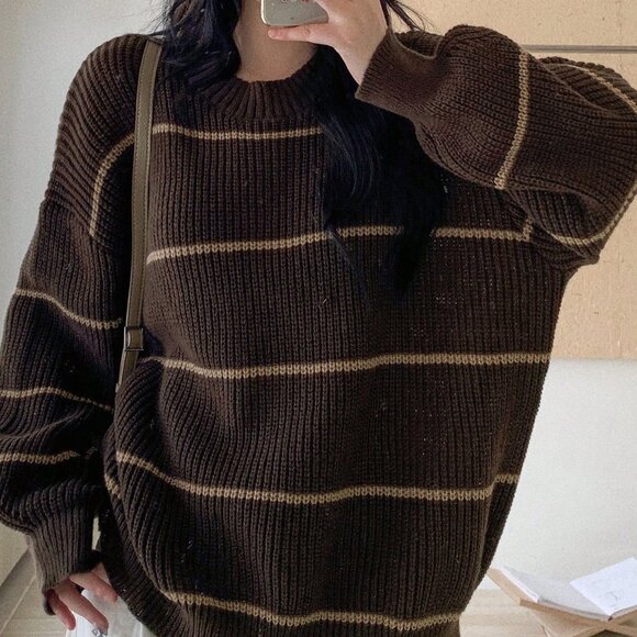 Multicolor Casual Women's Striped Loose Fit Crew Neck Sweater - Picture 4 of 9